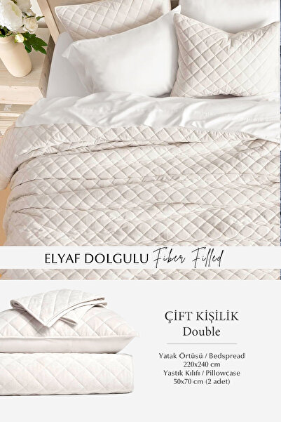 Evlen Home Collection Velvet Bedspread Set - Double, Supersoft Quilted, 3 Pieces, Soft Fiber Filled, Off White