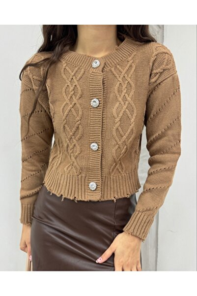 Modamorfo Stone Buttoned Ripped Cropped Cardigan - Mink