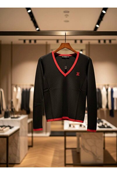 YusGos Women's V-Neck Chest Embroidered High Quality Knitwear Sweater