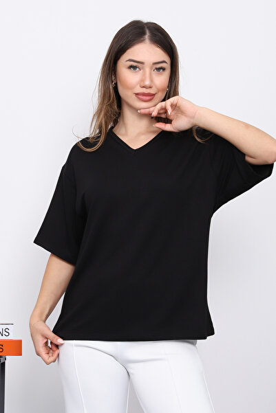 İmajButik Black V-Neck Short Sleeve T-Shirt