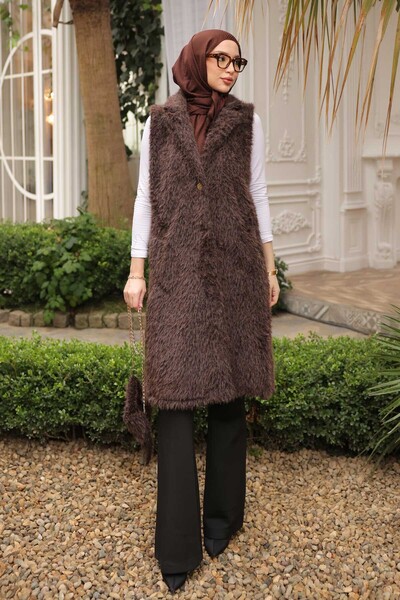 İmajButik Кафява чанта с подарък – жилетка от изкуствена ангорска кожа