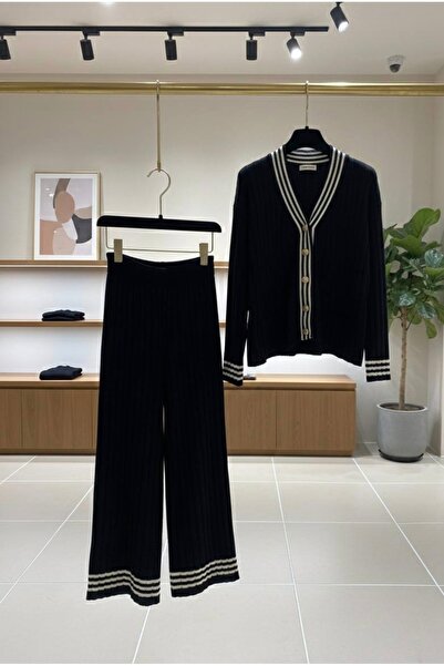 YusGos Women's Striped Knitwear Cardigan Pants College Bottom Top Set