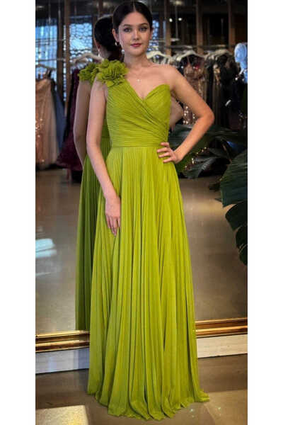 Abiyeniall Fıstık Yeşili Tek Omuzlu Kloş Etekli Şifon Tül Uzun Abiye Elbise 1...