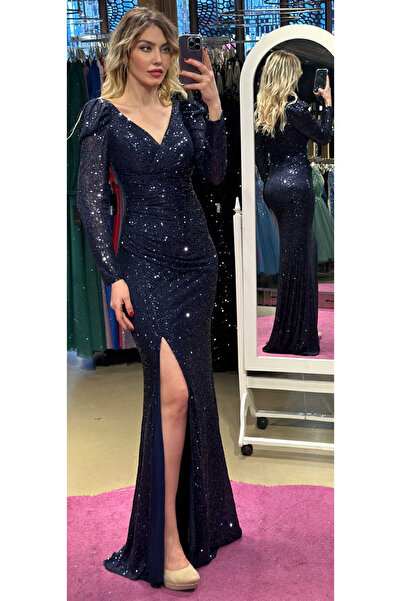 Abiyeniall Lacivert Uzun Kollu Yırtmaçlı Düz Kesim Payet Uzun Abiye Elbise 7321