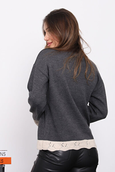 İmajButik Anthracite Crew Neck Knit Sweater with Guipure Detail on Sleeves and Hem