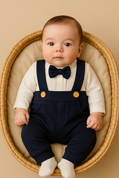 Minytrendy Erkek Bebek Kuşaklı Papyonlu Askılı Pantolon Zıbın Gömlek Mevlüt Doğum Günü Yenidoğan Tulum Takım