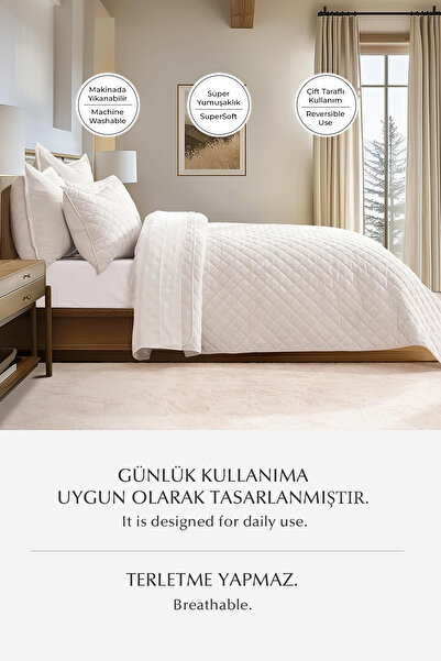 Evlen Home Collection Velvet Bedspread Set - Double, Supersoft Quilted, 3 Pieces, Soft Fiber Filled, Off White