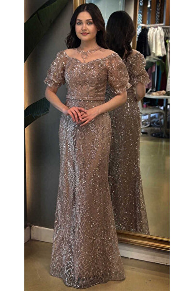 Abiyeniall Bej Balon Kollu Dantel Detaylı Düz Kesim Simli Uzun Abiye Elbise 7278