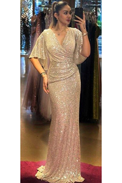 Abiyeniall Bej Kısa Kollu Düz Kesim Payet Uzun Abiye Elbise 7572