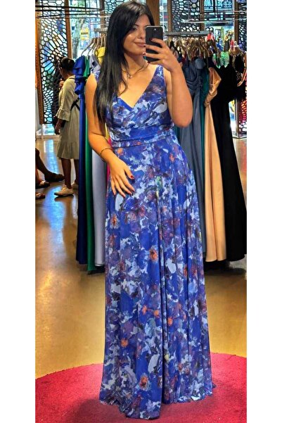 Abiyeniall Saks Kalın Askı Kloş Etekli Desenli Tül Uzun Abiye Elbise 7594