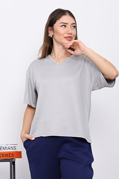 İmajButik Gray V-Neck Short Sleeve T-Shirt