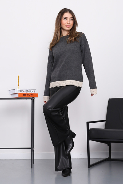 İmajButik Anthracite Crew Neck Knit Sweater with Guipure Detail on Sleeves and Hem