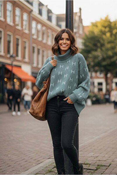 YusGos Women's Half Turtleneck Balloon Sleeve Oversized High Quality Winter Knitwear Sweater