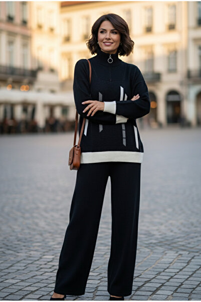 YusGos Women's Vertical Stripe Patterned Zippered Collar Bottom Top Pants Sweater Knitwear Set