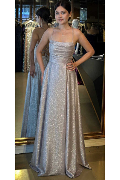 Abiyeniall Gül Kurusu İp Askılı Kare Yaka Sırt Dekolteli Kloş Etekli Simli Uz...