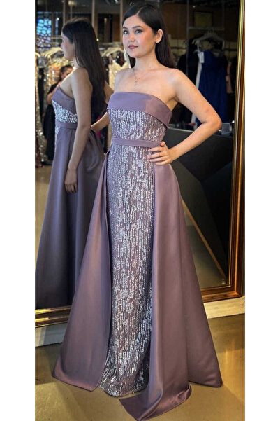 Abiyeniall Lavanta Straplez Yaka Çıkarılabilir Kuyruklu Düz Kesim Simli Uzun ...