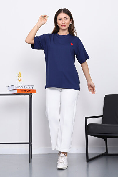 İmajButik Navy Blue Embroidered Short Sleeve Modal T-Shirt