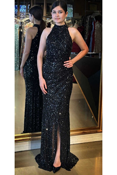 Abiyeniall Siyah Stefanel Yaka Yırtmaçlı Düz Kesim Payet Uzun Abiye Elbise 7781