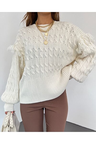 Modamorfo Трикотажний светр з балонними рукавами та бахромою - Камінь