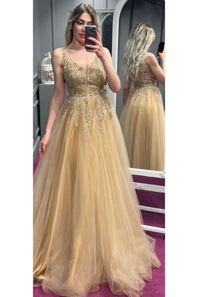 Abiyeniall Gold Kalın Askı Kloş Etekli Tül Uzun Abiye Elbise 6871