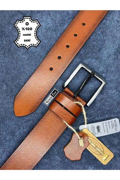 Türker DERİ 100% Genuine Leather Men's Jeans Belt 4.5cm Buffalo Leather Tan