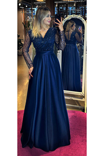 Abiyeniall Lacivert Uzun Kollu Kloş Etekli Saten Uzun Abiye Elbise 7453