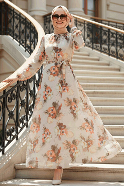 Neva Style Floral Patterned Beige Hijab Dress 27926Bej
