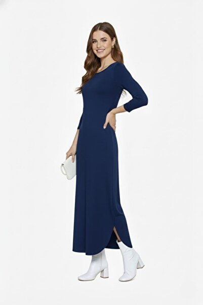 Avones Women's Knitted Lycra Viscose Navy Blue Long Sleeve Slit Midi Dress