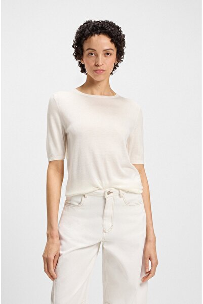 BOSS Kadın Rahat Kalıp Yuvarlak Yakalı Kısa Kollu Ekru Kazak 50543936-118