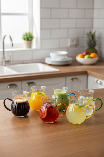 Kitchen Way Renkli Kulplu Cam 175ML Keyfi Ala Sedef Serisi 6 Lı Borosilikat Bardak Seti KW-634