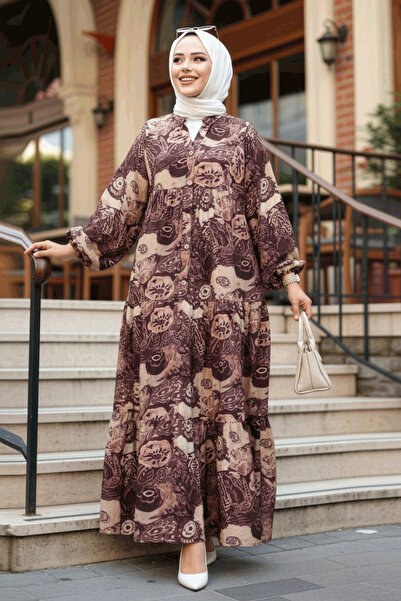 N.S NEVA STYLE Φόρεμα Hijab με σχέδιο καφέ 19037KH