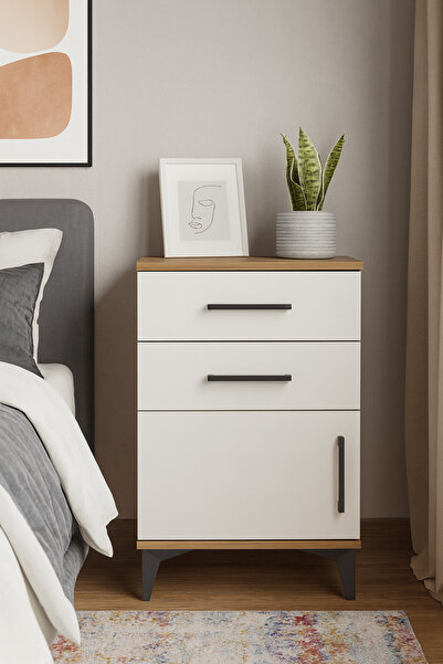 Dienni Arges Komodin Tek Raflı 2 Çekmeceli Tek Kapaklı 44x30x80 Çam-Aytaşı