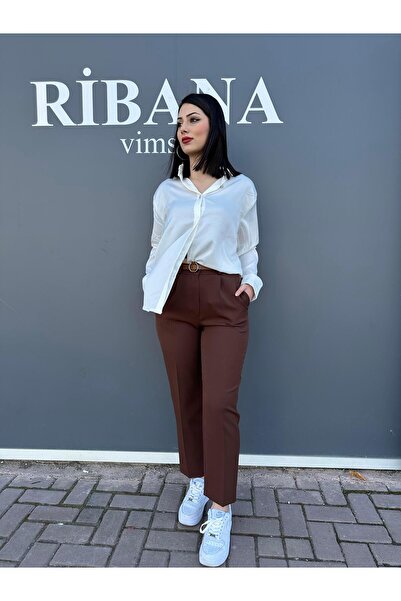 ribana بنطلون نسائي موسمي - ساق ضيقة، مطوي وحزام