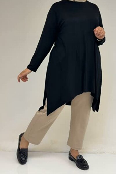 Eslina 58070 Large Size Asymmetrical Cut Combed Cotton Tunic - Black