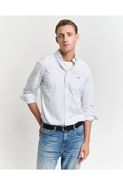 Gant Erkek Mavi Regular Fit Düğmeli Yaka Çizgili Poplin Gömlek