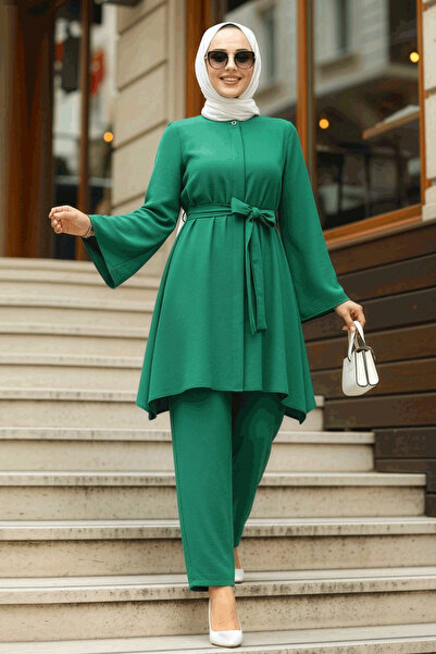 Neva Style Emerald Green Asymmetrical Hijab Double Set - 65875ZY