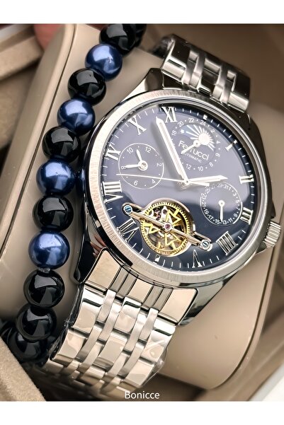 Ferrucci Automatic (Battery-Free) Men's Wristwatch, Steel Band, Waterproof, Silver - Navy Blue Color Bracelet Gift