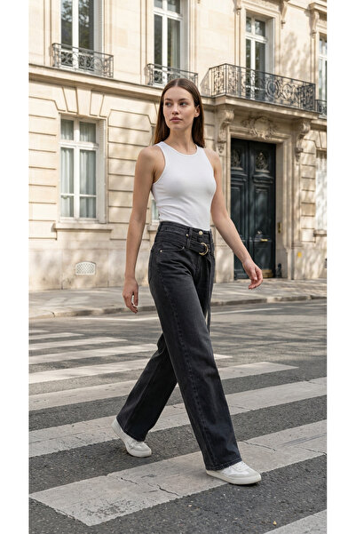 Amia&Co. Antrasit Yüksek Bel Kemer Detaylı Wide Leg Jean