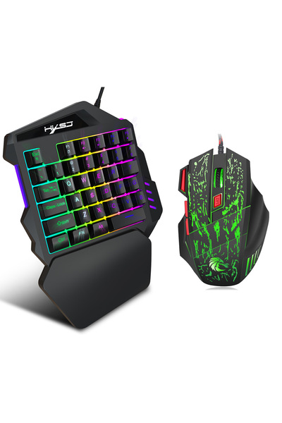 HXSJ لوحة مفاتيح ألعاب J50 بيد واحدة، 35 مفتاحًا، إضاءة خلفية LED، ماوس ألعاب سلكي