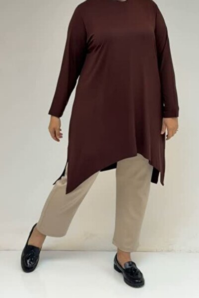 Eslina 58070 Large Size Asymmetrical Cut Combed Cotton Tunic - Brown