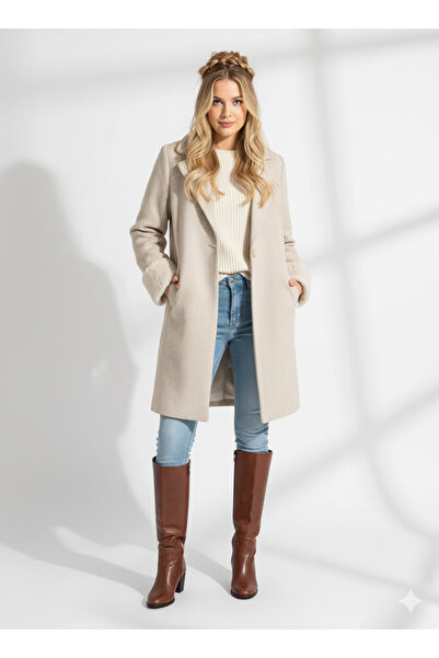 ribana معطف نسائي عادي بياقة مبطنة وأزرار من الكشمير