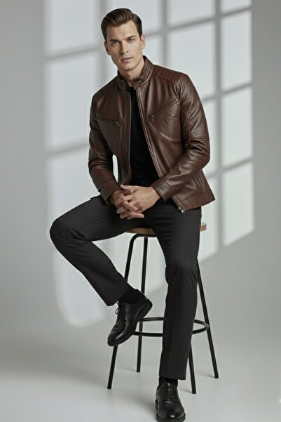 Deriderim Brown Hector Hakim Collar Zippered Lined Men's Genuine Leather Coat