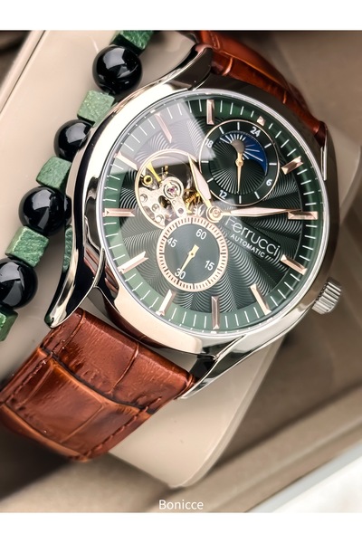 Ferrucci Automatic Men's Watch Leather Strap Brown Function, Prayer Beads Bracelet