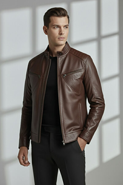 Deriderim Brown Hector Hakim Collar Zippered Lined Men's Genuine Leather Coat