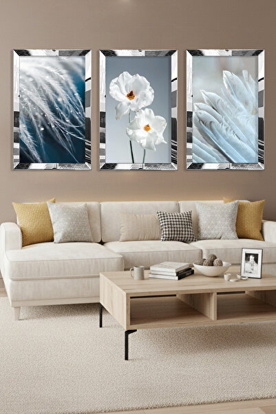 Zevahir Mobilya Dekorasyon Set de masă din MDF triplu cu flori albe cu cadru ...