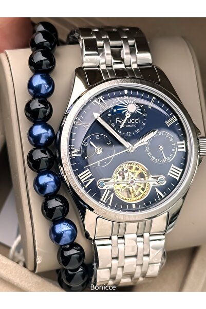 Ferrucci Automatic (Battery-Free) Men's Wristwatch, Steel Band, Waterproof, Silver - Navy Blue Color Bracelet Gift