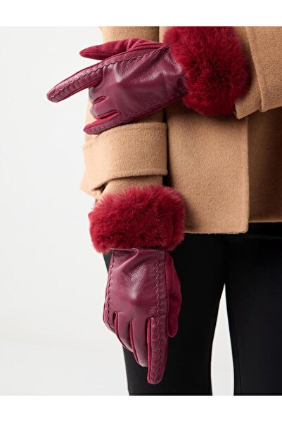 Jimmy Key Burgundy Leather-Look Plush Detailed Gloves