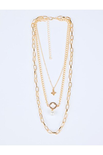 Jimmy Key Gold Color Pearl Detailed Multi Chain Adjustable Necklace