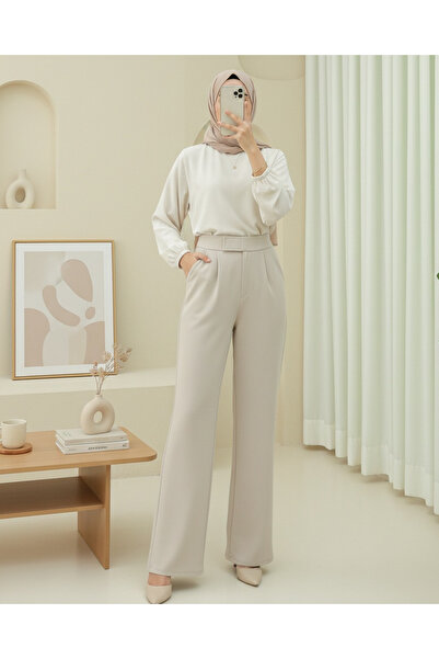 Modamorfo Beli Hook and Loop Detail Pipe Leg Fabric Trousers - Beige