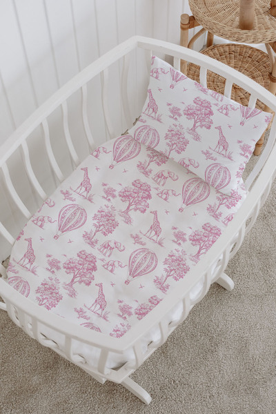 Messido 100% Cotton Poplin Baby Crib Bedding Set 80X120 cm - Pink Balloon Safari